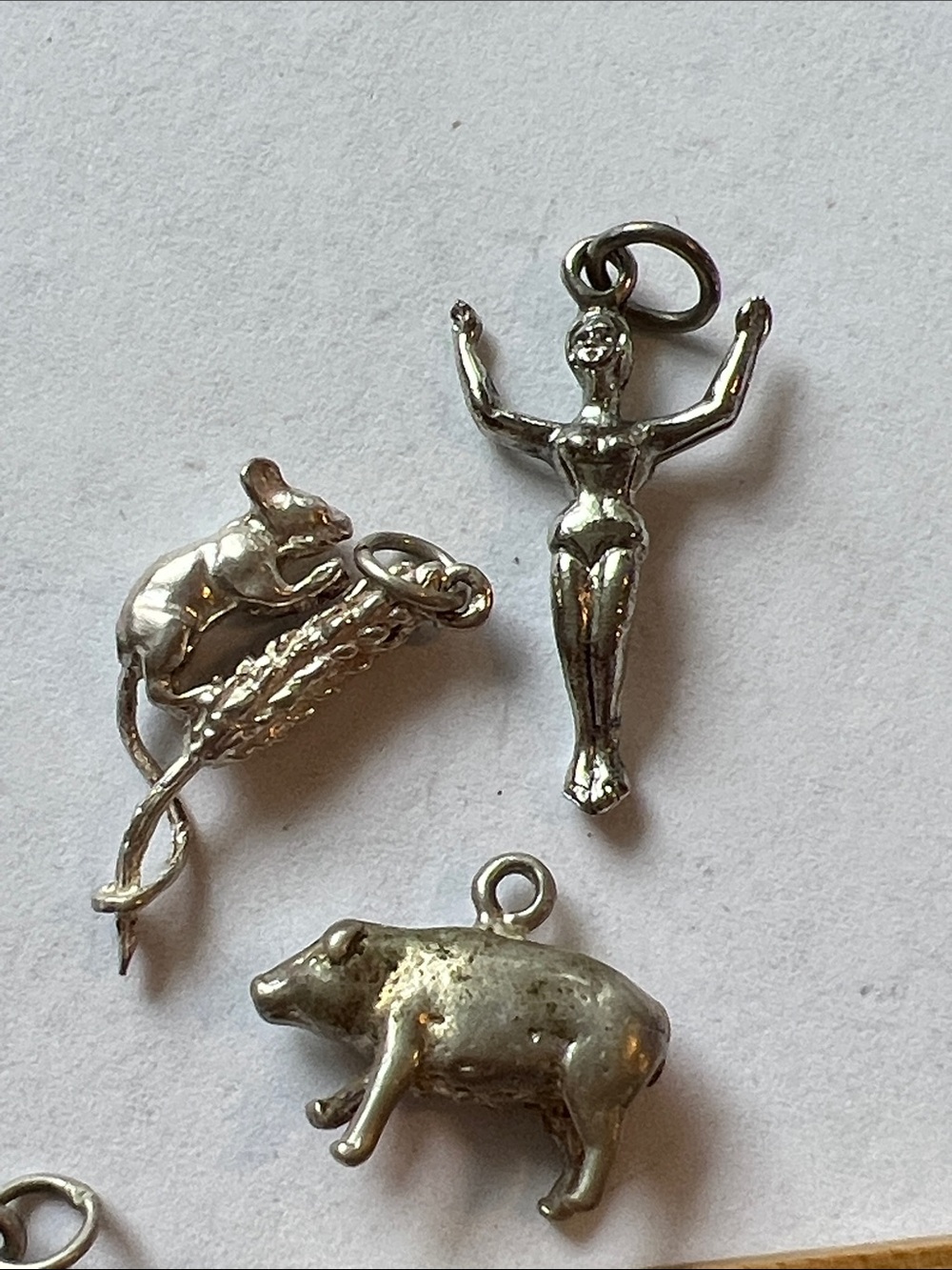 3 vintage Sterling Silver charms pig mouse corn swimmer